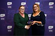 3 August 2025; Uachtarán Cumann Peil Gael na mBan, Trina Murray, makes a presentation to Kathleen Ann Heneghan of Mayo during a pre-match event at Croke Park to honour the squads who represented Mayo and Waterford in the 1999 and 2000 All-Ireland Ladies Senior Football Championship Finals. Photo by Seb Daly/Sportsfile