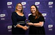 3 August 2025; Uachtarán Cumann Peil Gael na mBan, Trina Murray, makes a presentation to Maeve Ann O’Reilly of Mayo during a pre-match event at Croke Park to honour the squads who represented Mayo and Waterford in the 1999 and 2000 All-Ireland Ladies Senior Football Championship Finals. Photo by Seb Daly/Sportsfile