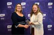 3 August 2025; Uachtarán Cumann Peil Gael na mBan, Trina Murray, makes a presentation to Emma Mullin of Mayo during a pre-match event at Croke Park to honour the squads who represented Mayo and Waterford in the 1999 and 2000 All-Ireland Ladies Senior Football Championship Finals. Photo by Seb Daly/Sportsfile