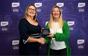 3 August 2025; Uachtarán Cumann Peil Gael na mBan, Trina Murray, makes a presentation to Deirdre Gordon of Mayo during a pre-match event at Croke Park to honour the squads who represented Mayo and Waterford in the 1999 and 2000 All-Ireland Ladies Senior Football Championship Finals. Photo by Seb Daly/Sportsfile