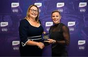 3 August 2025; Uachtarán Cumann Peil Gael na mBan, Trina Murray, makes a presentation to Denise McDonagh of Mayo during a pre-match event at Croke Park to honour the squads who represented Mayo and Waterford in the 1999 and 2000 All-Ireland Ladies Senior Football Championship Finals. Photo by Seb Daly/Sportsfile