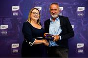 3 August 2025; Uachtarán Cumann Peil Gael na mBan, Trina Murray, makes a presentation to Colm Bohan, representing his daughter Assumpta of Mayo, during a pre-match event at Croke Park to honour the squads who represented Mayo and Waterford in the 1999 and 2000 All-Ireland Ladies Senior Football Championship Finals. Photo by Seb Daly/Sportsfile