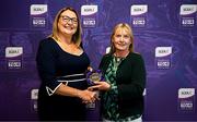 3 August 2025; Uachtarán Cumann Peil Gael na mBan, Trina Murray, makes a presentation to Michelle Corcoran of Mayo during a pre-match event at Croke Park to honour the squads who represented Mayo and Waterford in the 1999 and 2000 All-Ireland Ladies Senior Football Championship Finals. Photo by Seb Daly/Sportsfile