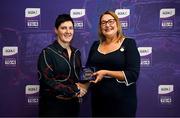 3 August 2025; Uachtarán Cumann Peil Gael na mBan, Trina Murray, makes a presentation to Diane O’Hora of Mayo during a pre-match event at Croke Park to honour the squads who represented Mayo and Waterford in the 1999 and 2000 All-Ireland Ladies Senior Football Championship Finals. Photo by Seb Daly/Sportsfile