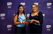 3 August 2025; Uachtarán Cumann Peil Gael na mBan, Trina Murray, makes a presentation to Christina Heffernan of Mayo during a pre-match event at Croke Park to honour the squads who represented Mayo and Waterford in the 1999 and 2000 All-Ireland Ladies Senior Football Championship Finals. Photo by Seb Daly/Sportsfile