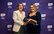 3 August 2025; Uachtarán Cumann Peil Gael na mBan, Trina Murray, makes a presentation to Maria Staunton of Mayo during a pre-match event at Croke Park to honour the squads who represented Mayo and Waterford in the 1999 and 2000 All-Ireland Ladies Senior Football Championship Finals. Photo by Seb Daly/Sportsfile