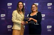 3 August 2025; Uachtarán Cumann Peil Gael na mBan, Trina Murray, makes a presentation to Niamh Lally of Mayo during a pre-match event at Croke Park to honour the squads who represented Mayo and Waterford in the 1999 and 2000 All-Ireland Ladies Senior Football Championship Finals. Photo by Seb Daly/Sportsfile