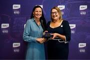 3 August 2025; Uachtarán Cumann Peil Gael na mBan, Trina Murray, makes a presentation to Marcella Heffernan of Mayo during a pre-match event at Croke Park to honour the squads who represented Mayo and Waterford in the 1999 and 2000 All-Ireland Ladies Senior Football Championship Finals. Photo by Seb Daly/Sportsfile