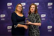 3 August 2025; Uachtarán Cumann Peil Gael na mBan, Trina Murray, makes a presentation to Claire Egan of Mayo during a pre-match event at Croke Park to honour the squads who represented Mayo and Waterford in the 1999 and 2000 All-Ireland Ladies Senior Football Championship Finals. Photo by Seb Daly/Sportsfile
