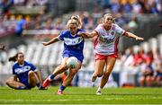 3 August 2025; Emma Lawlor of Laois in action against Jayne Lyons of Tyrone during the TG4 All-Ireland Ladies Football Intermediate Championship final match between Laois and Tyrone at Croke Park in Dublin. Photo by Piaras Ó Mídheach/Sportsfile