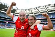 3 August 2025; Louth players Aoife Russell, left, and Céire Nolan celebrate after their side's victory in the TG4 All-Ireland Ladies Football Junior Championship final match between Antrim and Louth at Croke Park in Dublin. Photo by Shauna Clinton/Sportsfile