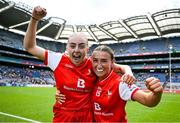 3 August 2025; Louth players Aoife Russell, left, and Céire Nolan celebrate after their side's victory in the TG4 All-Ireland Ladies Football Junior Championship final match between Antrim and Louth at Croke Park in Dublin. Photo by Shauna Clinton/Sportsfile