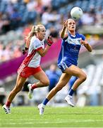 3 August 2025; Eva Galvin of Laois in action against Méabh Mallon of Tyrone during the TG4 All-Ireland Ladies Football Intermediate Championship final match between Laois and Tyrone at Croke Park in Dublin. Photo by Piaras Ó Mídheach/Sportsfile