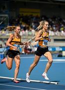 3 August 2025; Niamh Allen of Leevale AC, Cork,  right, on her way to winning the senior women's 5000m ahead of Anika Thompson of Leevale AC, Cork, centre, who finished second, during day two of the 153rd 123.ie National Track & Field Senior Championships at Morton Stadium in Dublin. Photo by Sam Barnes/Sportsfile