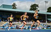 3 August 2025; Niamh Allen of Leevale AC, Cork,  right, on her way to winning the senior women's 5000m ahead of Anika Thompson of Leevale AC, Cork, centre, who finished second, and Fiona Everard of Bandon AC, Cork, left, who finished third, during day two of the 153rd 123.ie National Track & Field Senior Championships at Morton Stadium in Dublin. Photo by Sam Barnes/Sportsfile