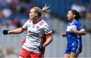 3 August 2025; Cara McCrossan of Tyrone celebrates after kicking a point during the TG4 All-Ireland Ladies Football Intermediate Championship final match between Laois and Tyrone at Croke Park in Dublin. Photo by Shauna Clinton/Sportsfile