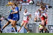 3 August 2025; Niamh O'Neill of Tyrone kicks a point during the TG4 All-Ireland Ladies Football Intermediate Championship final match between Laois and Tyrone at Croke Park in Dublin. Photo by Shauna Clinton/Sportsfile