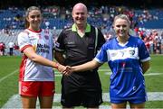 3 August 2025; Referee Shane Curley, centre, with Tyrone captain Aoibhinn McHugh, left, and Laois captain Andrea Moran before the TG4 All-Ireland Ladies Football Intermediate Championship final match between Laois and Tyrone at Croke Park in Dublin. Photo by Shauna Clinton/Sportsfile