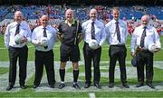 3 August 2025; Referee Shane Curley, centre, and his officials before the TG4 All-Ireland Ladies Football Intermediate Championship final match between Laois and Tyrone at Croke Park in Dublin. Photo by Shauna Clinton/Sportsfile