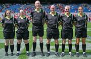 3 August 2025; Referee Shane Curley, centre, and his officials before the TG4 All-Ireland Ladies Football Intermediate Championship final match between Laois and Tyrone at Croke Park in Dublin. Photo by Shauna Clinton/Sportsfile
