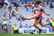 3 August 2025; Niamh O'Neill of Tyrone has a shot on goal during the TG4 All-Ireland Ladies Football Intermediate Championship final match between Laois and Tyrone at Croke Park in Dublin. Photo by Shauna Clinton/Sportsfile