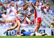 3 August 2025; Aoife Horisk of Tyrone after scoring her side's first goal during the TG4 All-Ireland Ladies Football Intermediate Championship final match between Laois and Tyrone at Croke Park in Dublin. Photo by Shauna Clinton/Sportsfile