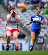 3 August 2025; Niamh O'Neill of Tyrone reacts to a missed shot on goal during the TG4 All-Ireland Ladies Football Intermediate Championship final match between Laois and Tyrone at Croke Park in Dublin. Photo by Shauna Clinton/Sportsfile