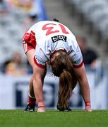 3 August 2025; Niamh O'Neill of Tyrone reacts to a missed shot on goal during the TG4 All-Ireland Ladies Football Intermediate Championship final match between Laois and Tyrone at Croke Park in Dublin. Photo by Shauna Clinton/Sportsfile