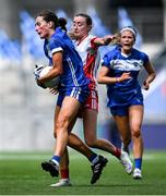 3 August 2025; Anna Moore of Laois is fouled by Aoife Horisk of Tyrone during the TG4 All-Ireland Ladies Football Intermediate Championship final match between Laois and Tyrone at Croke Park in Dublin. Photo by Shauna Clinton/Sportsfile