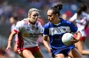 3 August 2025; Emily Lacey of Laois in action against Jayne Lyons of Tyrone during the TG4 All-Ireland Ladies Football Intermediate Championship final match between Laois and Tyrone at Croke Park in Dublin. Photo by Shauna Clinton/Sportsfile