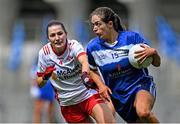 3 August 2025; Mo Nerney of Laois in action against Eimear Quinn of Tyrone during the TG4 All-Ireland Ladies Football Intermediate Championship final match between Laois and Tyrone at Croke Park in Dublin. Photo by Shauna Clinton/Sportsfile
