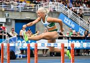 3 August 2025; Sarah Lavin of Emerald AC, Limerick, competes in the senior women's 100m hurdles heats during day two of the 153rd 123.ie National Track & Field Senior Championships at Morton Stadium in Dublin. Photo by Sam Barnes/Sportsfile