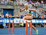 3 August 2025; Sarah Lavin of Emerald AC, Limerick, competes in the senior women's 100m hurdles heats during day two of the 153rd 123.ie National Track & Field Senior Championships at Morton Stadium in Dublin. Photo by Sam Barnes/Sportsfile