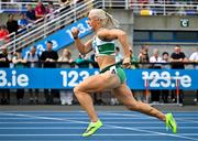 3 August 2025; Sarah Lavin of Emerald AC, Limerick, competes in the senior women's 100m hurdles heats during day two of the 153rd 123.ie National Track & Field Senior Championships at Morton Stadium in Dublin. Photo by Sam Barnes/Sportsfile