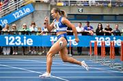 3 August 2025; Molly Scott of St Laurence O'Toole AC, Carlow, competes in the senior women's 100m hurdles heats during day two of the 153rd 123.ie National Track & Field Senior Championships at Morton Stadium in Dublin. Photo by Sam Barnes/Sportsfile