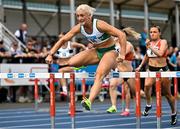 3 August 2025; Sarah Lavin of Emerald AC, Limerick, competes in the senior women's 100m hurdles heats during day two of the 153rd 123.ie National Track & Field Senior Championships at Morton Stadium in Dublin. Photo by Sam Barnes/Sportsfile