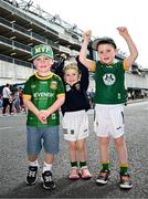3 August 2025; Young Meath supporters, from left, Harrison Henebrey, age three, Ella Sweeney, age three, and Liam Sweeney, age five, from Dunshaughlin, Meath, before the TG4 All-Ireland Ladies Football Senior Championship final match between Dublin and Meath at Croke Park in Dublin. Photo by Seb Daly/Sportsfile