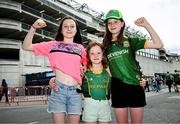 3 August 2025; Meath supporters, from left, Kate Carty, from Skryne, Alanna Gerathy, age eight, and Efa Geraghty, from Kildalkey, Meath, before the TG4 All-Ireland Ladies Football Senior Championship final match between Dublin and Meath at Croke Park in Dublin. Photo by Seb Daly/Sportsfile