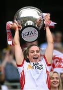 3 August 2025; Tyrone captain Aoibhinn McHugh lifts the Mary Quinn Memorial cup after the TG4 All-Ireland Ladies Football Intermediate Championship final match between Laois and Tyrone at Croke Park in Dublin. Photo by Piaras Ó Mídheach/Sportsfile