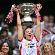 3 August 2025; Tyrone captain Aoibhinn McHugh lifts the Mary Quinn Memorial cup after the TG4 All-Ireland Ladies Football Intermediate Championship final match between Laois and Tyrone at Croke Park in Dublin. Photo by Piaras Ó Mídheach/Sportsfile