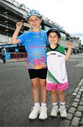 3 August 2025; Dublin supporters Lucy, left, age seven, and Abigail McIlvenna, age five, from Clontarf, Dublin, before the TG4 All-Ireland Ladies Football Senior Championship final match between Dublin and Meath at Croke Park in Dublin. Photo by Seb Daly/Sportsfile