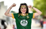 3 August 2025; Meath supporter Ella McLoughlin, from Ratoath, Meath, before the TG4 All-Ireland Ladies Football Senior Championship final match between Dublin and Meath at Croke Park in Dublin. Photo by Seb Daly/Sportsfile