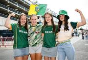 3 August 2025; Meath supporters, from left, Iris Farrelly, Sienna Woods, Ruby Farrelly and Ella Smyth, from Walshestown and Dunderry, Meath, before the TG4 All-Ireland Ladies Football Senior Championship final match between Dublin and Meath at Croke Park in Dublin. Photo by Seb Daly/Sportsfile