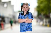 3 August 2025; Dublin supporter Georgia Coyle, age seven, from Knocklyon, Dublin, before the TG4 All-Ireland Ladies Football Senior Championship final match between Dublin and Meath at Croke Park in Dublin. Photo by Seb Daly/Sportsfile
