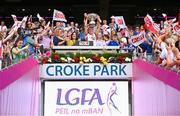 3 August 2025; Tyrone captain Aoibhinn McHugh lifts the Mary Quinn Memorial cup after the TG4 All-Ireland Ladies Football Intermediate Championship final match between Laois and Tyrone at Croke Park in Dublin. Photo by Shauna Clinton/Sportsfile