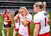 3 August 2025; Caitlin Campbell, left, and Cara McCrossan of Tyrone celebrate after their side's victory in the TG4 All-Ireland Ladies Football Intermediate Championship final match between Laois and Tyrone at Croke Park in Dublin. Photo by Piaras Ó Mídheach/Sportsfile