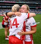3 August 2025; Cara McCrossan, left, and Caitlin Campbell of Tyrone celebrate after their side's victory in the TG4 All-Ireland Ladies Football Intermediate Championship final match between Laois and Tyrone at Croke Park in Dublin. Photo by Piaras Ó Mídheach/Sportsfile