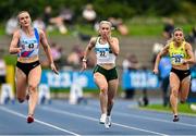 3 August 2025; Orla Comerford of Raheny Shamrock AC, Dublin, centre, competes in the senior women's 100m semi-finals during day two of the 153rd 123.ie National Track & Field Senior Championships at Morton Stadium in Dublin. Photo by Sam Barnes/Sportsfile