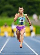 3 August 2025; Sarah Leahy of Killarney Valley AC, Kerry, centre, competes in the senior women's 100m semi-finals during day two of the 153rd 123.ie National Track & Field Senior Championships at Morton Stadium in Dublin. Photo by Sam Barnes/Sportsfile