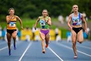3 August 2025; Sarah Leahy of Killarney Valley AC, Kerry, centre, competes in the senior women's 100m semi-finals during day two of the 153rd 123.ie National Track & Field Senior Championships at Morton Stadium in Dublin. Photo by Sam Barnes/Sportsfile
